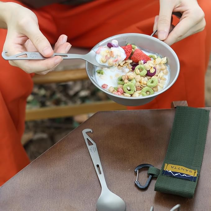 SANTTA Compact Titanium Collapsible Chopsticks and Spoon Utensil Set with Carry Bag and Carabiner for Camping, Hiking, Backpacking and Travelling