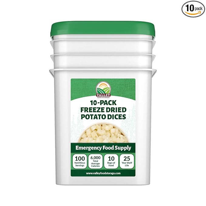 Freeze Dried Diced Potatoes 10-Bag Bucket, 64 Oz | Premium Emergency Food Supply 25 Year Shelf Life | Prepper Supplies, Survival Food, Off Grid Living Supplies | Valley Food Storage Packaged in USA