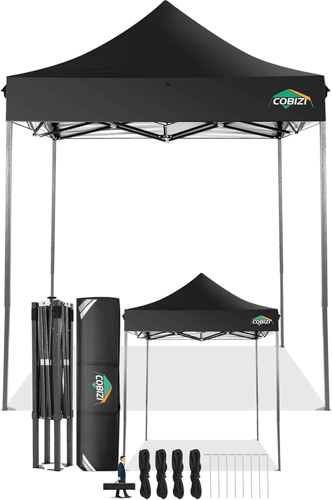COBIZI 6.6x6.6 Pop Up Canopy Without Sidewall,Heavy Duty Canopy UPF 50+ All Season Wind Waterproof Commercial Outdoor Party Tents for Parties Canopy Gazebo with Storage Bag(6.6 x 6.6 ft Black)