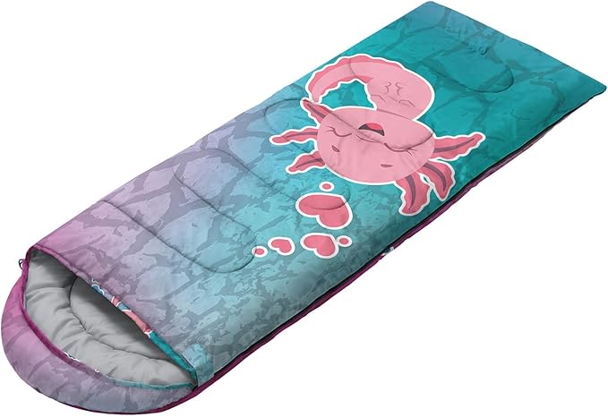 HOSIMA Cartoon Axolotl Sleeping Bags for Kids 10-12,Blue Cartoon Kids Sleeping Bags for Girls Boys,Compact Sleeping Bag for Camping Essentials and Hiking.