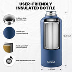 Insulated Water Bottle 87 oz, Triple Wall Vacuum Stainless Steel (Cold for 48 Hrs), Leak Proof & Non-BPA, Modern Water Flask Jug with Paracord Handle & Straw Spout Lids, Navy Blue