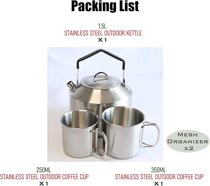 1.5L Stainless Steel Camping Kettle - Portable Durable Open Fire Kettle for Camping, Bushcraft, and Emergency Use - Fast Boiling, Heat Retention, Campfire Safe (1.5L)