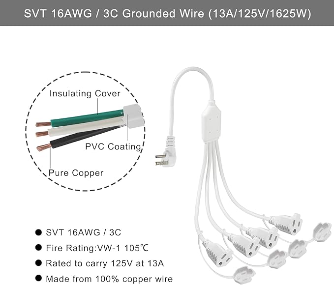 4 Way Outlet Splitter - White 1-Pack 90-Degree Angled Flat Plug 1 to 4 Extension Cable Power Strip, 16/3 Gauge 1.5FT, 3 Prong Y Style Multi Outlet Splitter, Perfect for Wall Wart Adapters