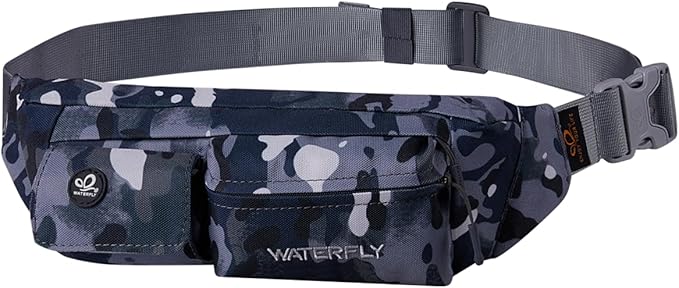 Waterfly Fanny Pack Slim Soft Polyester Water Resistant Waist Bag for Man Women Carrying iPhone Xs / 8 Plus Samsung S10 Plus/Note 8, Camouflage Black