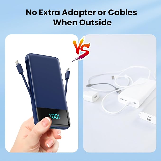 Portable Charger 13800mAh for iPhone with Built-in Cables & AC Wall Plug,5-in-1 USB-C Power Bank,LCD Display External Battery Pack Phone Charger Compatible with iPhone 16/15/14,Android (Dark Blue)