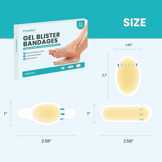 Hydrocolloid Gel Blister Bandages Pads - Promifun Waterproof Adhesive Blisters Bandages - Blister Pads for Heel, Foot, Toe, Feet - Gel Blister Chshions for Prevention & Recovery (13ct, Variety Pack)