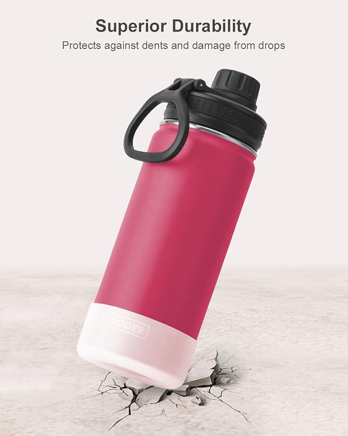 koodee Kids 16oz Stainless Steel Vacuum Insulated Water Bottle for Back to School Wide Mouth Flask with Leakproof Spout Lid (Pink Red)