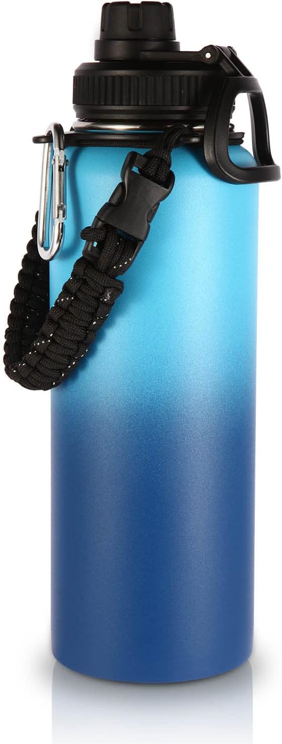 Volhoply 40 oz Insulated Water Bottles Paracord Handle, Stainless Steel Sports Bottle with Spout Lid,Vacuum Metal Travel Water Cups with Wide Mouth,Reusable Water jug for Hiking(Green Blue,1 Set)
