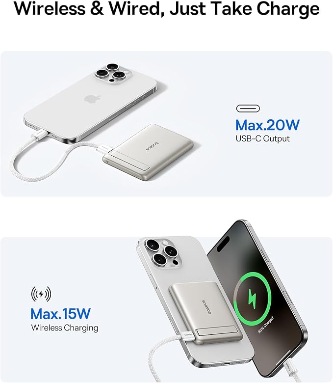 Baseus Picogo Power Bank, Smallest Qi2 Certified 15W MagSafe Portable Charger, 0.5" Ultra Slim 5000mAh Magnetic Battery Pack with Stand, Alloy Wireless Charger for iPhone 17 Pro Max/17 Air/16 Series