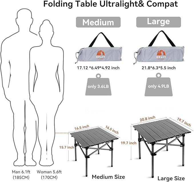 Opliy Portable Folding Camping Table for 2-4 Persons Aluminum Collapsible Table Lightweight with Carry Bag for Camping, Hiking, Picnics, BBQ, Beach Trips & Tailgating