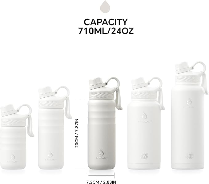 IDEUS Insulated Stainless Steel Water Bottle with 2 Leak-Proof Lids, Thermal Water Flask for Hiking Biking, 24oz, White