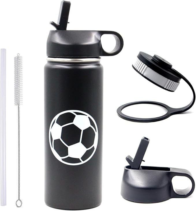 18 oz Soccer Water Bottle, Metal Sports Flask with 2 Lids, BPA-Free 18/8 Stainless Steel Leak Proof Travel Tumbler Double Wall Vacuum Insulated Water Bottles, Soccer Stuff Gifts for Boys Girls Players