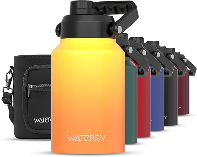 WATERSY Half Gallon Water Bottle Insulated(Cold for 48 Hrs),BPA Free&Leak Proof,64oz Stainless Steel Water Jug/Flask,Big thermo,Large Water Bottle with Handle for Gym,Hiking,Camping,Gradual Yellow