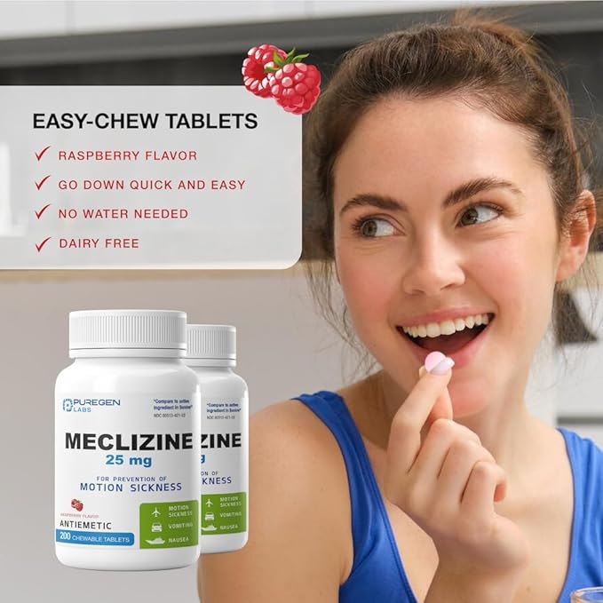 Puregen Labs Meclizine 25 mg Antiemetic 200 chewable Tablets | Motion Sickness Relief - Prevent Nausea, Vomiting, and Dizziness | Dairy Free | Made in USA | Value Pack – 200 chewable Tablets