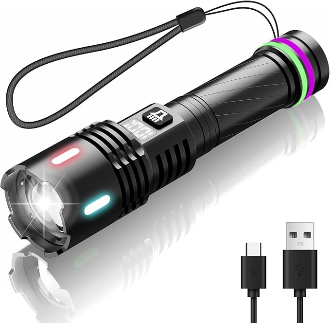 Rechargeable Flashlights High Lumens, Powerful 3 Modes Super Bright Flash Light with LCD Digital Display, Adjustable Waterproof Handheld Led Flashlights for Emergencies Camping Home Outdoor