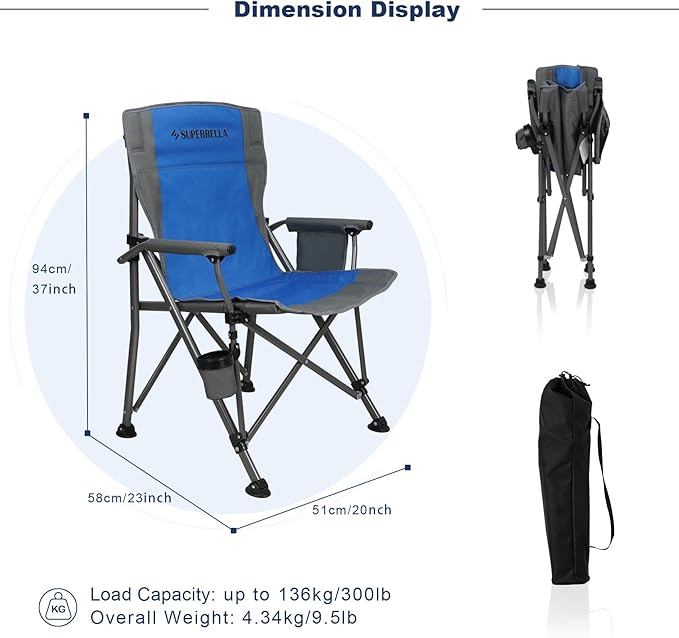 Camping Chair Folding Portable Lawn Chair Comfortable Hard Arm Sturdy for Family Camp, Outdoor, Sports, Beach, Travel, Blue, Supports 300 lbs