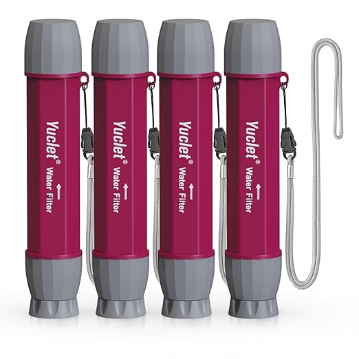 YWF01 Personal Filter Straw for Drinking Survival, Portable Water Purifier Filtration System Survival Gear and Supplies for Camping, Hiking, Travel, and Emergency Preparedness (Plum Red, Pack of 4)