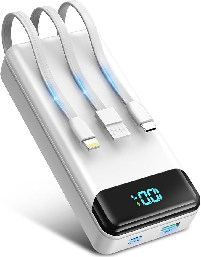 Portable Charger 40000mAh Power Bank Built-in Cable Battery Pack, PD 22.5W Fast Charging Portable Phone Charger 4 Output 3 Input, Compatible with iPhone 16 15 14 13 Samsung Google iPad (White)