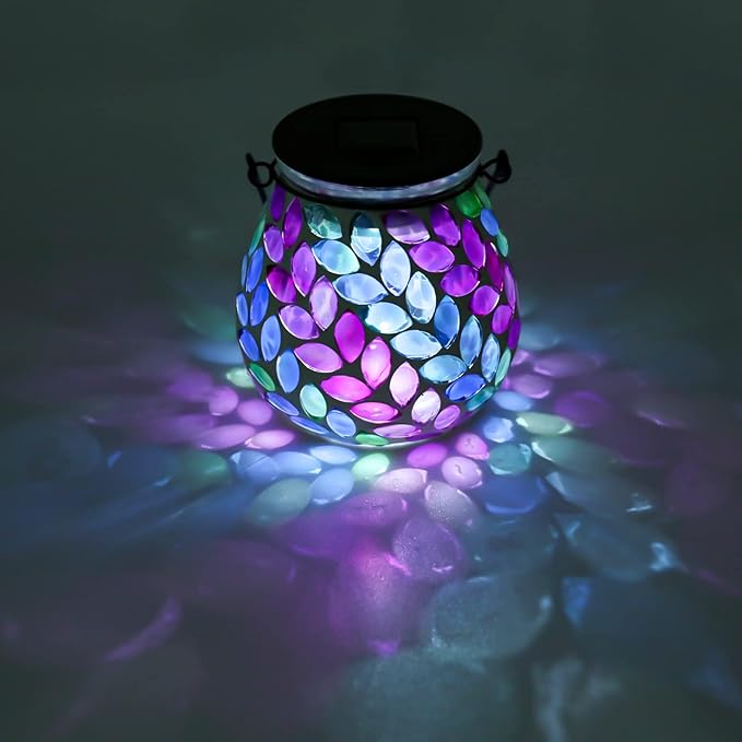 Afirst Mosaic Solar Lanterns Outdoor - Glass Hanging Solar Lights Hollow Out Waterproof Table Lamp Outdoor Decorative for Garden, Patio, Holiday Party Outdoor Decoration