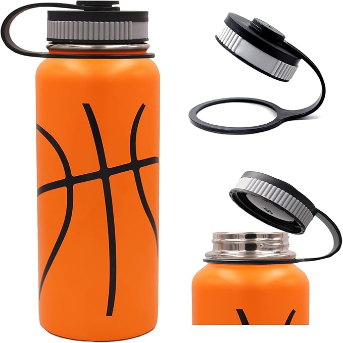 32 oz Basketball Water Bottle, Wide Mouth Sports Flask Metal Travel Mug with 2 Lids, Stainless Steel Double Wall Vacuum Insulated Leak Proof Water Bottles, Basketball Accessories Gifts for Boys Girls