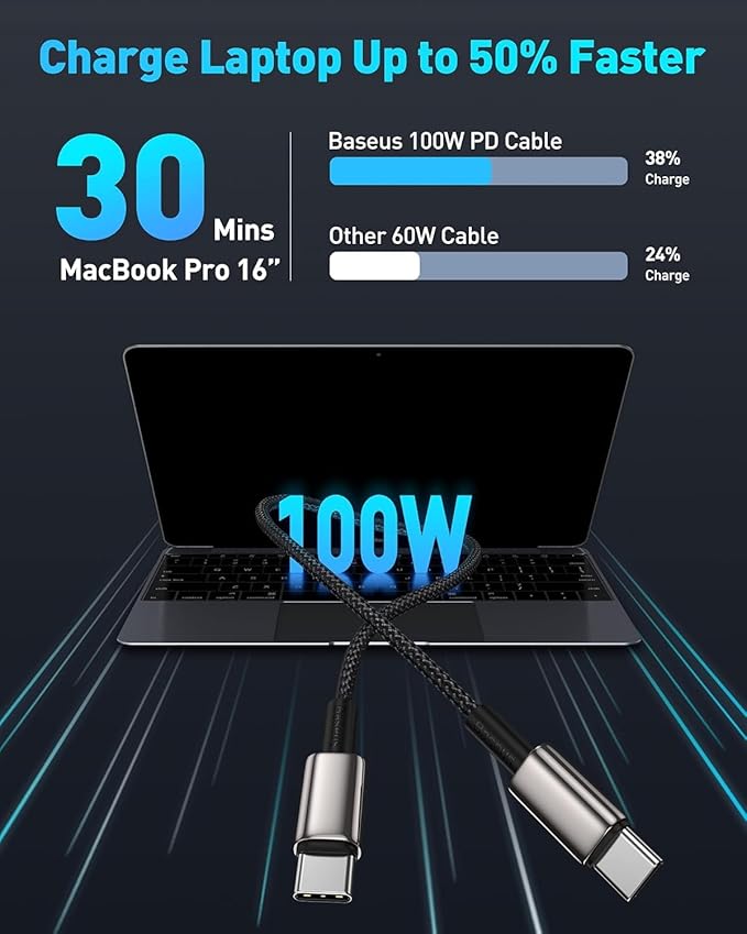 Baseus USB C Cable, 100W PD 5A QC 4.0 Fast Charging USB C to USB C Cable, Zinc Alloy Nylon Braided USB Type C Charger Cable for iPhone 17 16 Pro Plus Pro Max, MacBook, iPad Pro, Samsung S23/S22 (10ft)