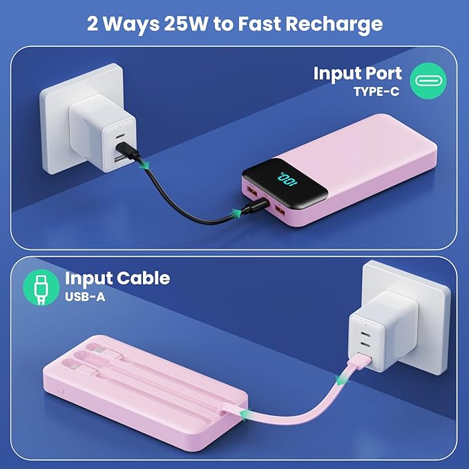 Portable Charger 40800mAh with 3 Built-in Cable,PD 25W USB C in&Out Power Bank Fast Phone Charging,QC4.0 LED Display 5 Output External Battery Pack Compatible with iPhone 16/15,Samsung Android-Peach
