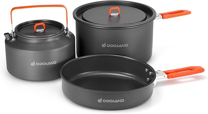 Odoland Camping Cookware Mess Kit, Camping Cooking Pot Fry Pan and 1.1L Kettle Set, Portable Camping Cookware Set with Mesh Bag for Camping, Backpacking, Outdoor Cooking and Picnic