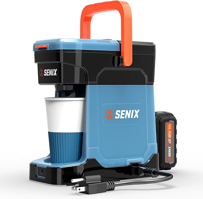 SENIX Coffee Maker Single Serve, Portable, 2-in-1 20V 5.0 Ah Battery, Charger & Power Cord, Compatible with K-Cups, Ground, Pods, 8oz Brew Size - for Travel, Camping, To-Go, Job Site, Home (CMX2-M4)