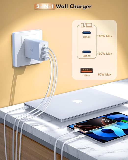 100W USB C Charger,GaN 3-Port Super Fast Charger(Dual Port Type C+A)100W USB-C Laptop Fast Charging Block with 6FT Woven Type C-C Cable for MacBook Pro/Air,iPad Pro/Air,iPhone17/16/15 Air Pro Max Plus