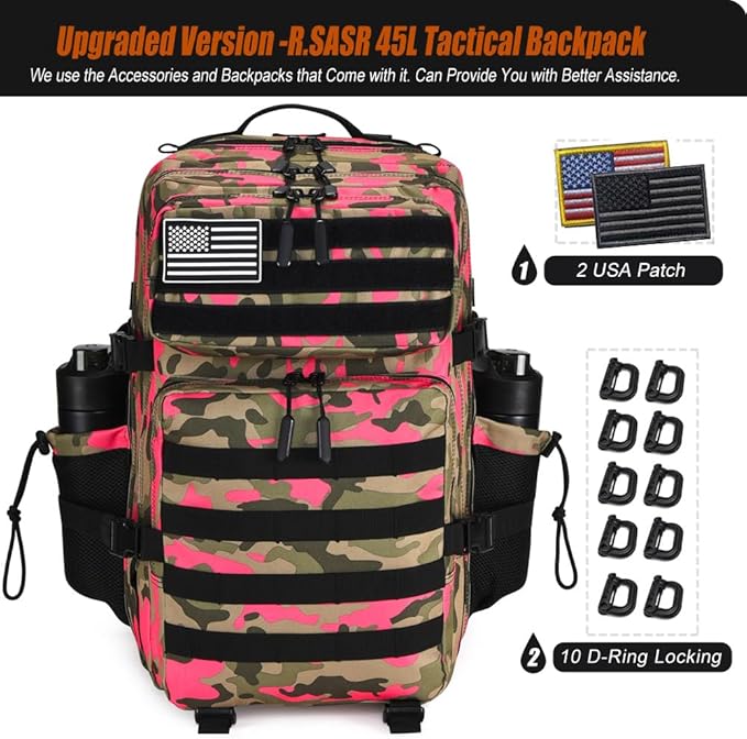 Military Tactical Backpack 45L Large Tactical Backpack for Men, Hiking Rucksack With Bottle Holder