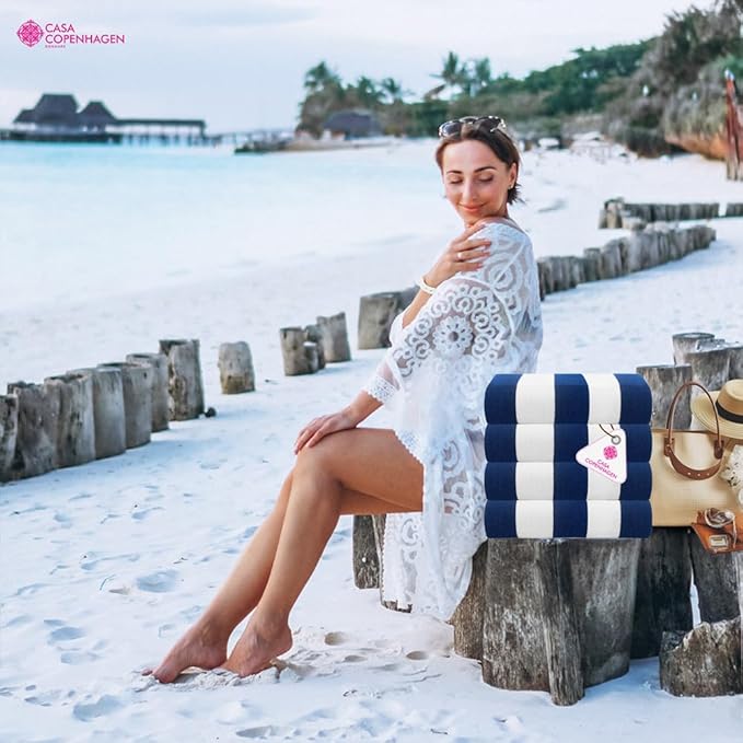 CASA COPENHAGEN Cabana Towel 4Pcs Deep Blue Designer Stripe Beach Towels Gift Set, 30"x60" Oversized 100% Cotton Pool Bath Towel for Beach Gift Set (Perfect Summer Gift Set for Women & Men)