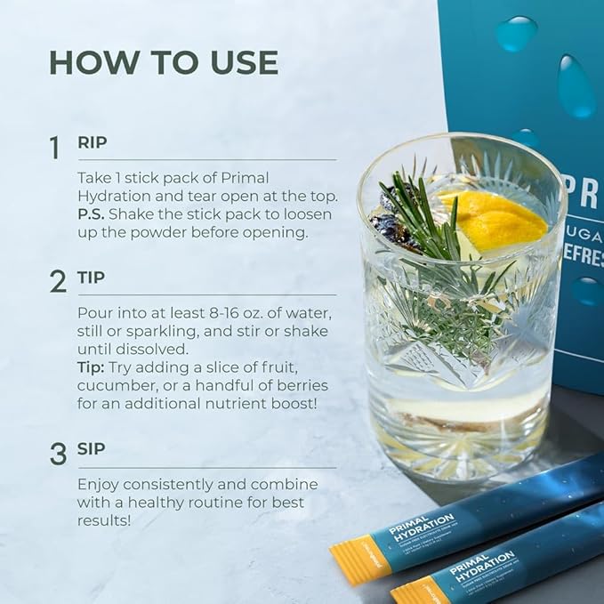 Primal Harvest Electrolytes Powder Packets Primal Hydration, Easy Open Packets, Energy Drink Mix 2 Pack Bundle (Lemon Berry, 60 Packs)