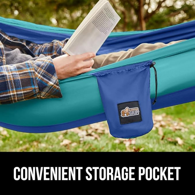 GORILLA GRIP Durable Portable Camping Hammock, Holds 500lbs with Heavy Duty Tree Straps, Comfortable Travel Swing, Camp Hammocks, Easy to Use and Install, Outdoor Essentials, Blue, 10x6.5 FT