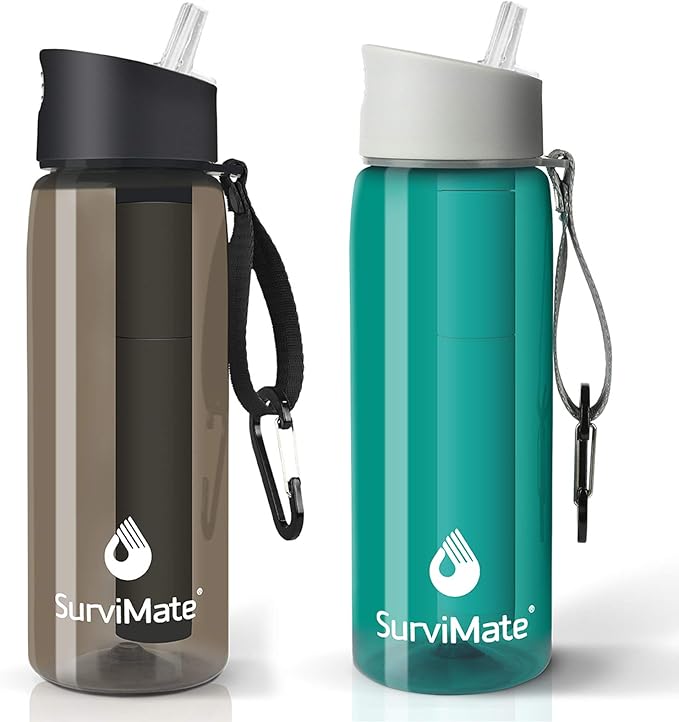 SurviMate Purified Water Bottle for Camping, Hiking, Backpacking and Travel, BPA Free with 5-Stage Intergrated Filter Straw