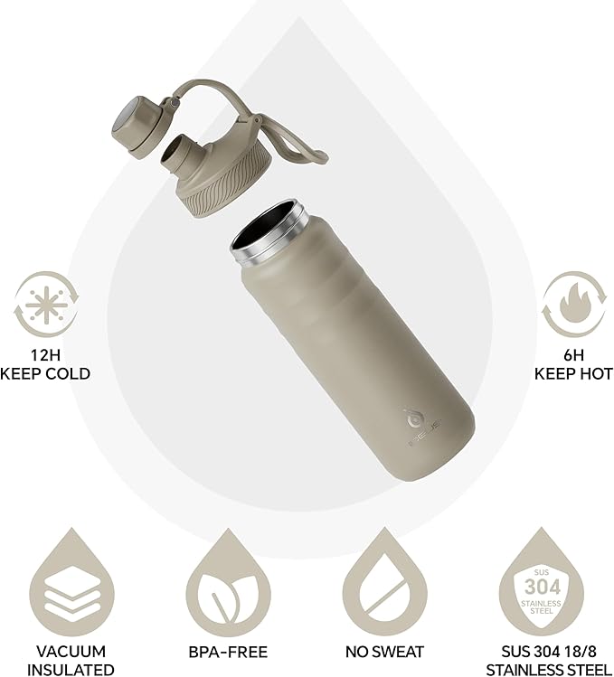 IDEUS Insulated Stainless Steel Water Bottle with 2 Leak-Proof Lids, Thermal Water Flask for Hiking Biking, 24oz, Celadon