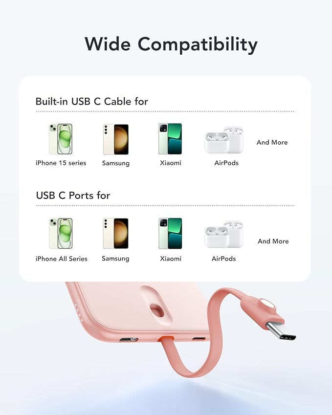 VEEKTOMX Slim Portable Charger, 5000mAh Lightweight Power Bank with Wired USB C Cable, Ultra Thin Battery Pack Compatible with iPhone 15/Plus/Pro/Pro Max/Samsung/Android(Non-Wireless Charging), Pink