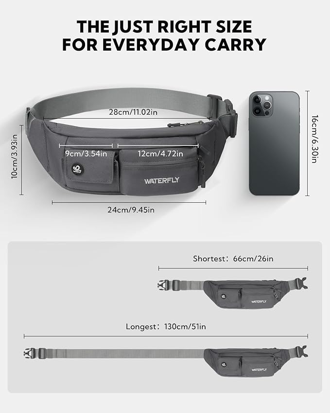 WATERFLY Small Crossbody Fanny Pack: 5 Pocket Slim Lightweight Waist Belt Hip Bag for Women Men Water Resistant Chest Pouch for Travel Hiking Running Walking Fit All Phones - Gray