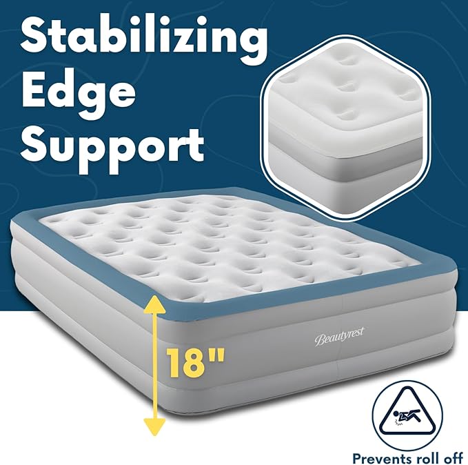 Beautyrest Skyrise Queen Size Air Mattress with Coil Beam Construction, Edge Support with External Pump and Puncture Resistant Vinyl for Guests and Camping