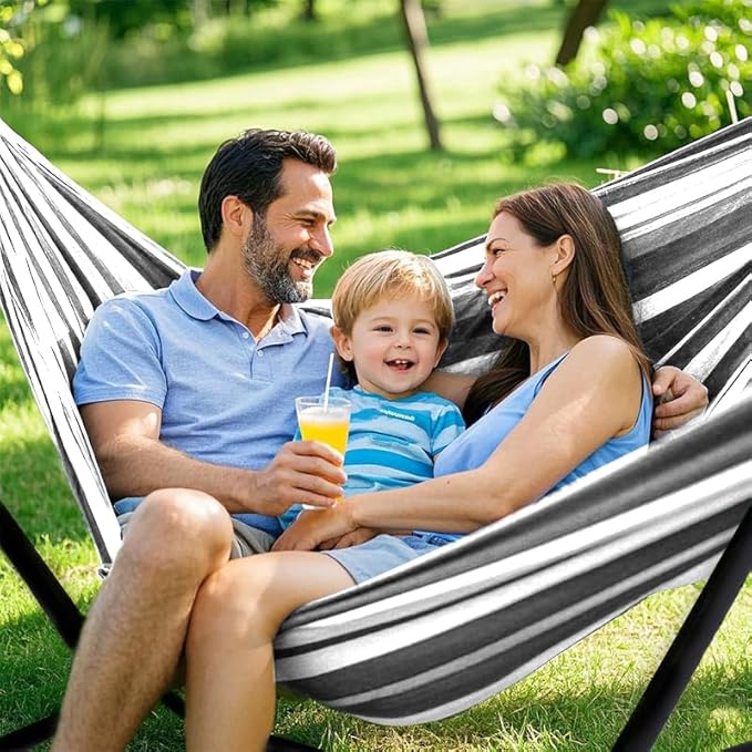 Double Hammock, Heavy Duty Portable, 500 lb Weight Capacity, Perfect for Both Indoors and Outdoors, 2 Person Hammock with Carrying Bag, Black White