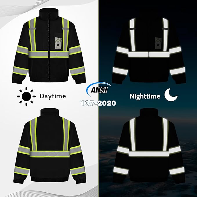High Visibility Work Jackets, Safety Jacket with Pockets for Men& Women, Construction Coats for Cold Weather, Waterproof High Vis Rain Gear, Class 3, Black with Bottom, 5XL