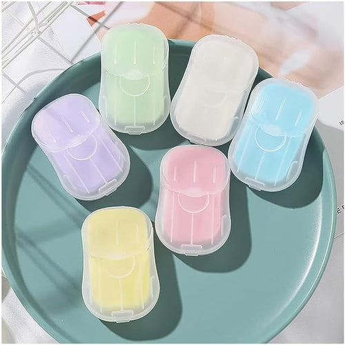 2 Boxes 100Pcs Portable Soap Sheets, Mini Portable Travel Soap Paper Sheets Disposable Water Soluble Hand Washing Bath Scented Paper Soap Camping Hiking and Shampoo for Outdoor(White&Purple)(ZS562)