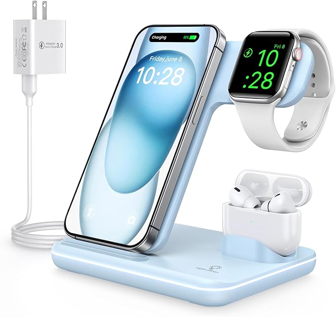 WAITIEE Wireless Charger 3 in 1 Charging Station for for iPhone 16 15 14 13 12 11 X 8 & for Apple Watch, for AirPods 1/2/3/Pro/Pro 2 with Lightning Charging Case(Blue)