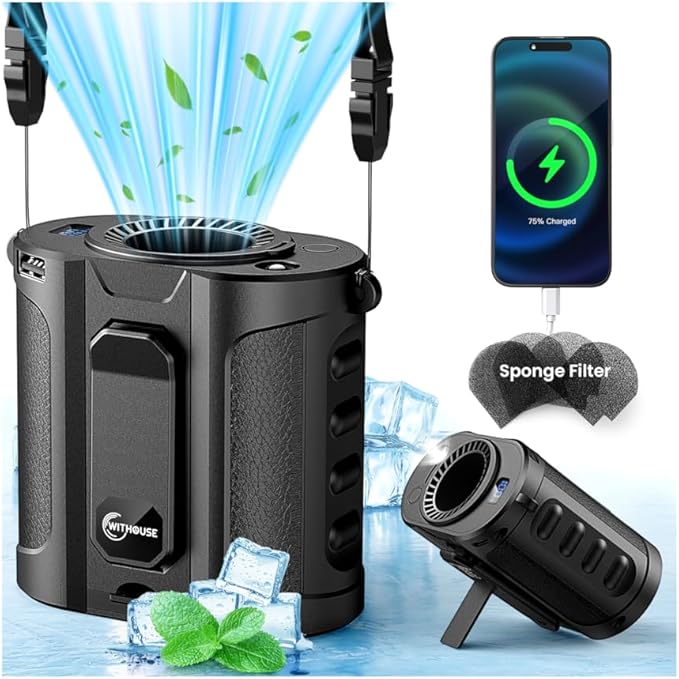 2025 AI Portable Waist Fan 12000mAh with Filter, MAX 17000RPM Powerful 5 Speeds, 40H Cooling, Rechargeable Belt Fan with Power Bank&LED Light, Wearable Shirt Fans Clip On for Outdoor Jobsite Travel