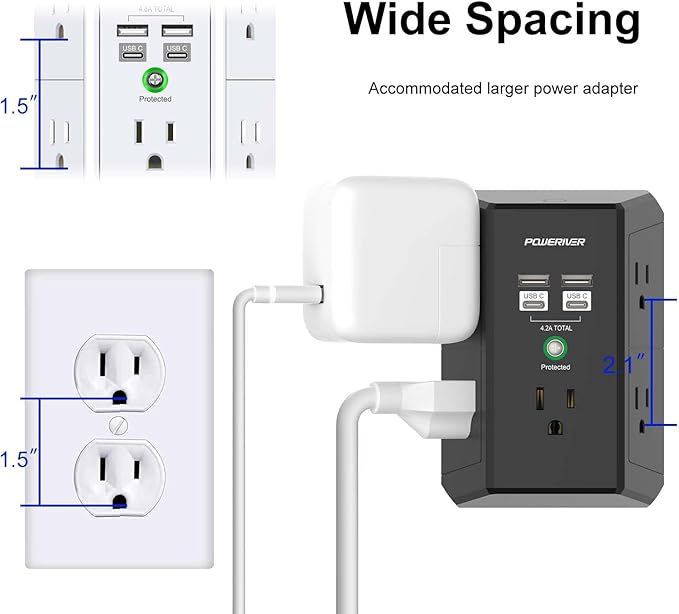 Multi Outlet Extender Surge Protector - POWERIVER Multi Plug Wall Outlet with 5 AC Outlets and 4 USB Ports(2USB C), 1680 Joules, Outlet Splitter for Home School Office, ETL, Black