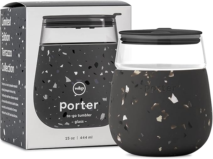W&P Porter Wine Cocktail Glass w/Protective Silicone Sleeve | Terrazzo Charcoal 15 Ounces | On-the-Go | Reusable | Portable | Dishwasher Safe