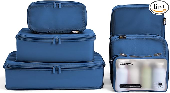 6 Set Compression Packing Cubes for Travel, Large Medium Small Luggage Organizers (Dark Blue)