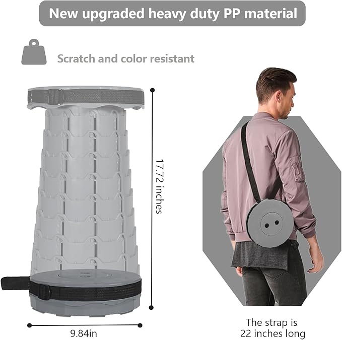 Portable Telescoping Collapsible Stool – Adjustable Height Folding Seat (Up to 450 lbs), Lightweight Camping Stool & Travel Seat for Fishing, Hiking, BBQ, Indoor & Outdoor(Light Gray)