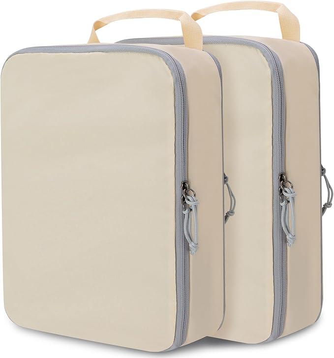 Extra Large Compression Packing Cubes for Travel Essentials, 2 Set Expandable Travel Cubes for Packing Compression Bags Luggage Suitcase Organizer, Cream