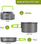 Camping Cooking Cookware Mess Kit - Non-Stick Lightweight Pot Pan Kettle Set with Collapsible Pour Over Coffee Dripper, Outdoor Kitchen Cook Essentials Gear for Camping Hiking Picnic
