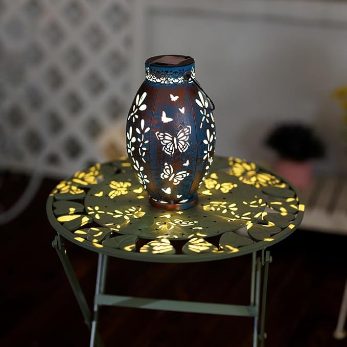 Stargarden 2Pack Outdoor Solar Lanterns, Hollow Out Metal Garden Light Decorative Hanging Lights, Solar Lanterns Outdoor Waterproof for Patio, Lawn, Yard( Blue)